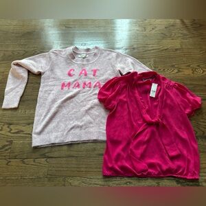 LOFT Cat Mama Sweater + NY&C Pink Tie Neck Blouse Bundle Small NWT